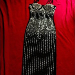 Long black beaded dress, 2 shoulder strap dress